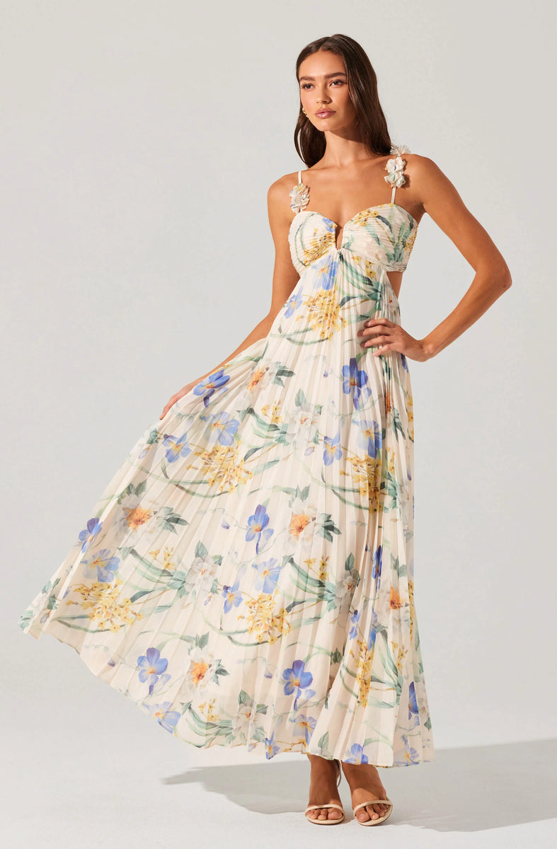 emese floral pleated maxi dress ASTR the Label Women's Emese Pleated Floral Maxi Dress - Blue Multi Floral