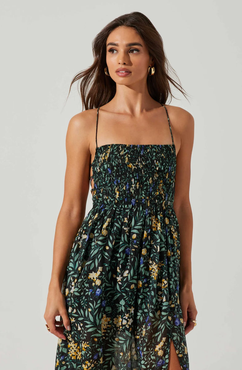 Stasia Floral Smocked Midi Dress - Black multi / M Stasia Floral Smocked Midi Dress - Black multi / M