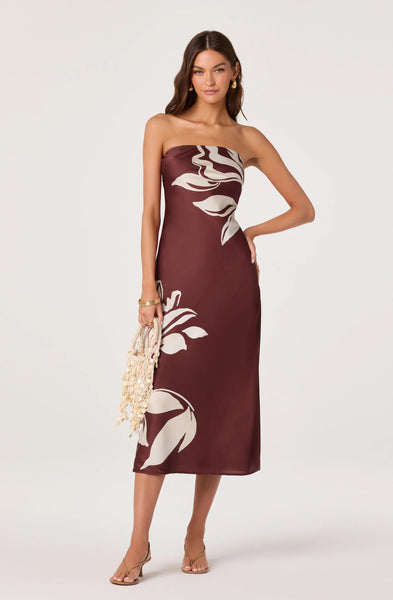 ASTR the Label | Annabeth Floral Satin Strapless Maxi Dress in Brown Floral
