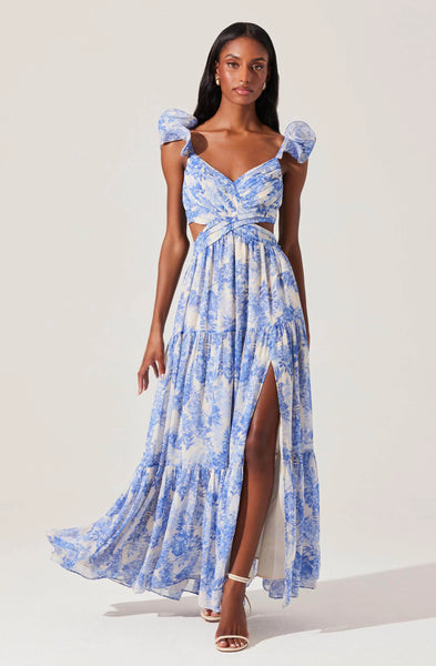 astr the label blue floral dress Tearra Floral One-Shoulder Tiered Maxi Dress Light Blue Floral / S