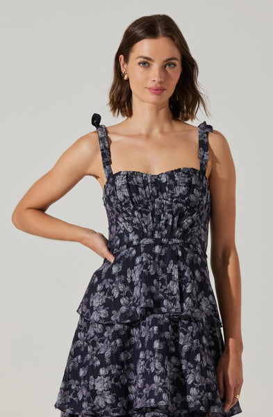 Astr The Label Women's Mellorie Floral Tiered Dress - Navy Grey - Size S Astr The Label Women's Mellorie Floral Tiered Dress - Navy Grey - Size S