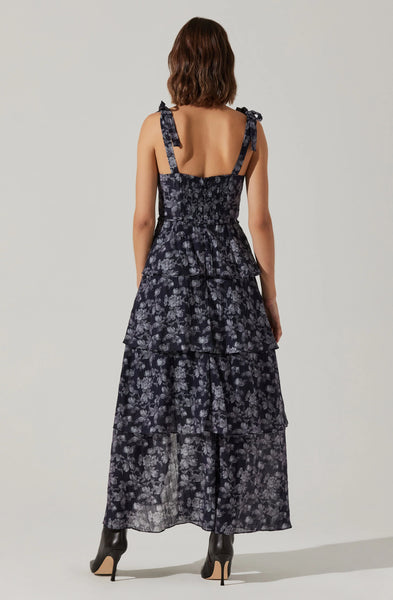 Astr The Label Women's Mellorie Floral Tiered Dress - Navy Grey - Size S Astr The Label Women's Mellorie Floral Tiered Dress - Navy Grey - Size S