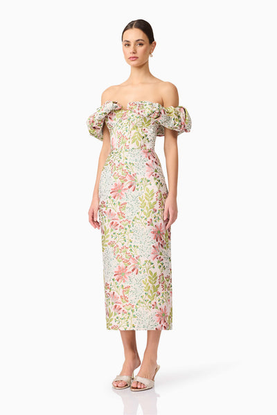 Calaantha Off The Shoulder Midi Dress in Floral | Bubble Sleeve Detail L / Florals Calaantha Off The Shoulder Midi Dress in Floral | Bubble Sleeve Detail L / Florals